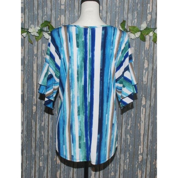 Cato Est. 1946 Ladies Blue Blouse Top Size S Beaded Faux Necklace Bell SS V-Neck - Picture 7 of 10